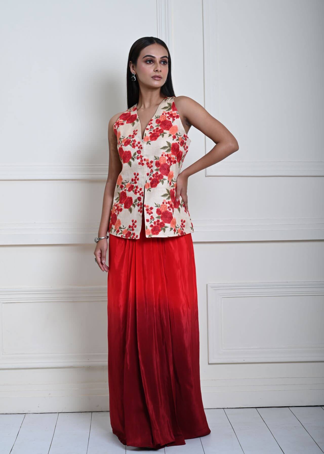 Floral Handmade Thread Work Jacket in Tussar with Red Ombre Draped Skirt