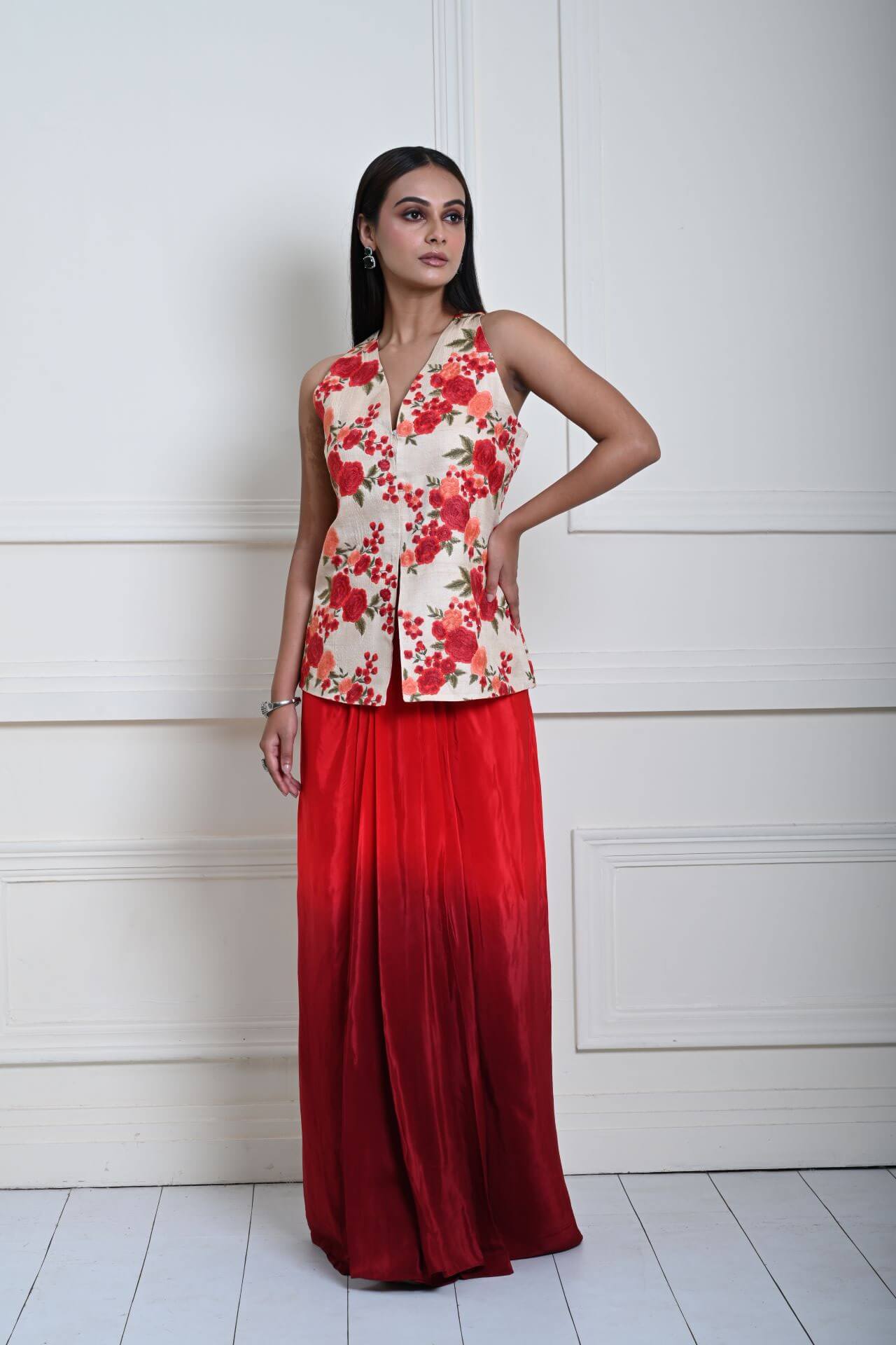 Floral Handmade Thread Work Jacket in Tussar with Red Ombre Draped Skirt