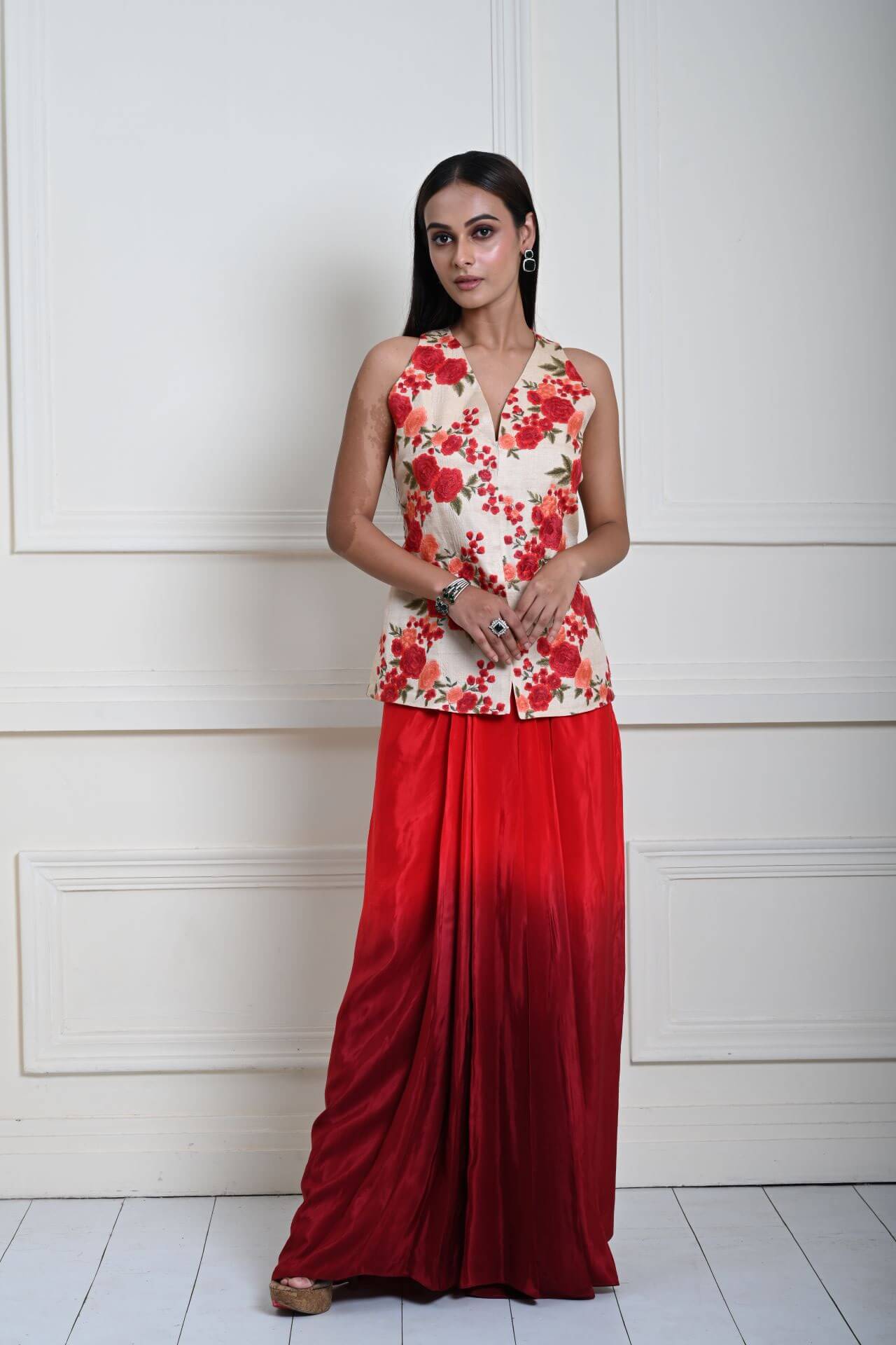 Floral Handmade Thread Work Jacket in Tussar with Red Ombre Draped Skirt
