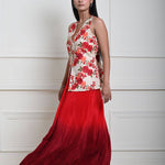 Floral Handmade Thread Work Jacket in Tussar with Red Ombre Draped Skirt