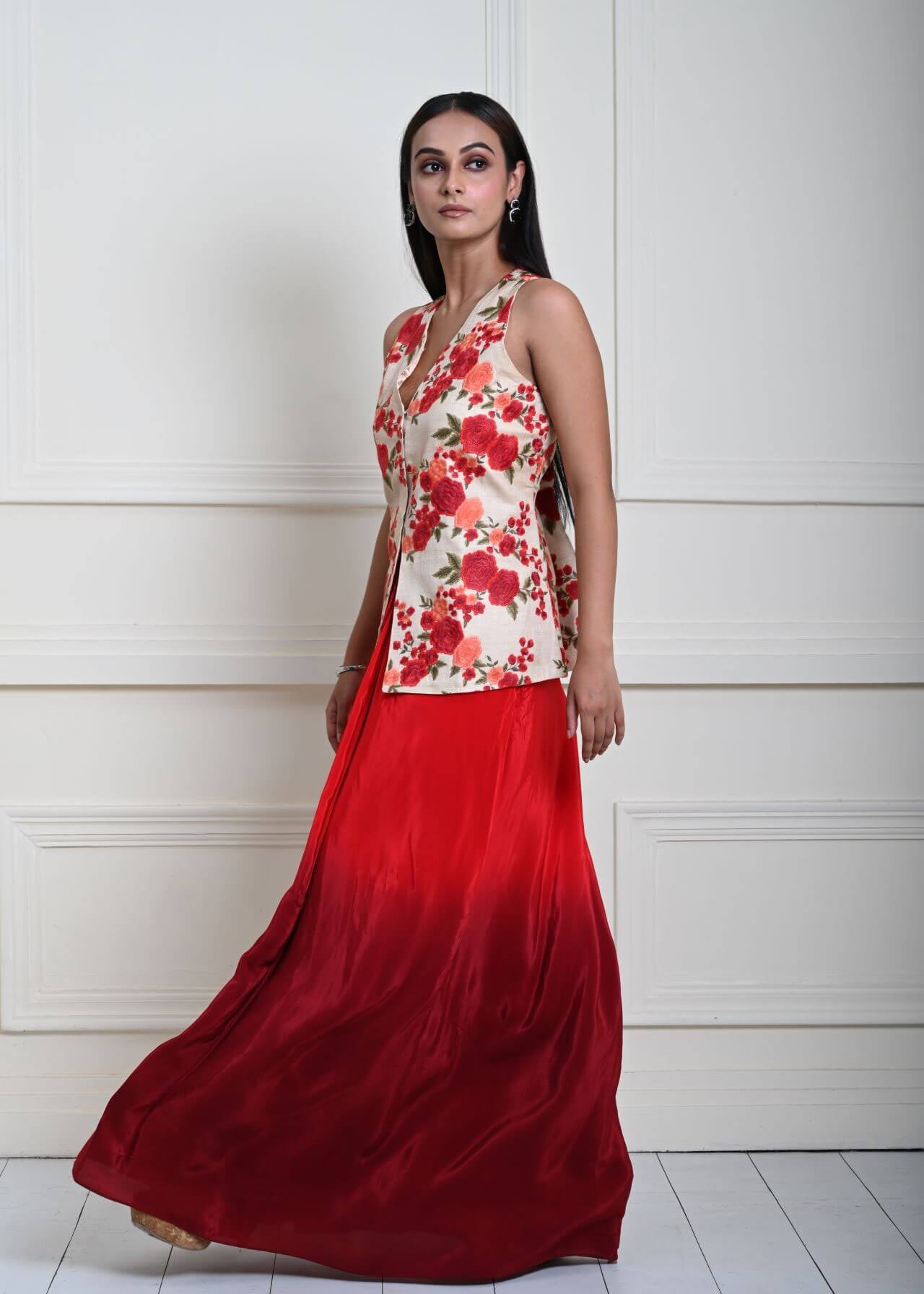 Floral Handmade Thread Work Jacket in Tussar with Red Ombre Draped Skirt