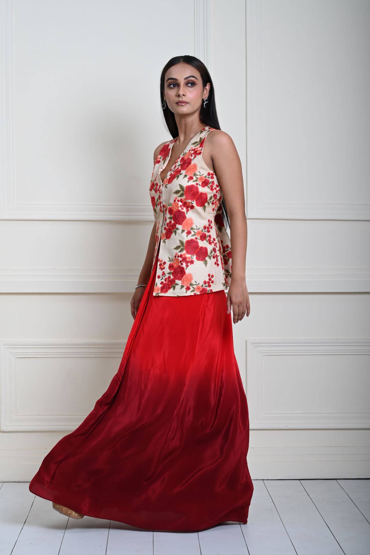 Floral Handmade Thread Work Jacket in Tussar with Red Ombre Draped Skirt