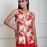 Floral Handmade Thread Work Jacket in Tussar with Red Ombre Draped Skirt