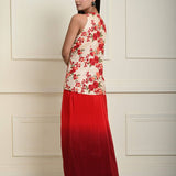 Floral Handmade Thread Work Jacket in Tussar with Red Ombre Draped Skirt