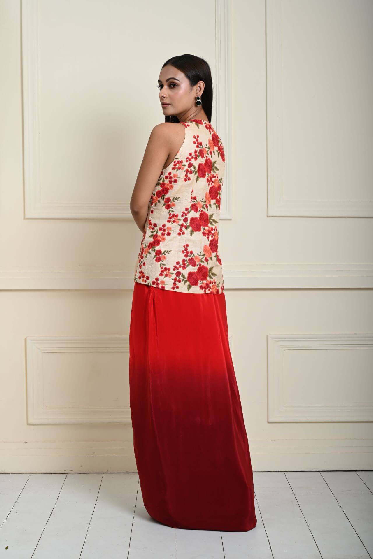 Floral Handmade Thread Work Jacket in Tussar with Red Ombre Draped Skirt