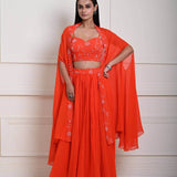 Bright Orange Cape Lehenga Set with Embroidered Cut dana Work - Anvi Couture