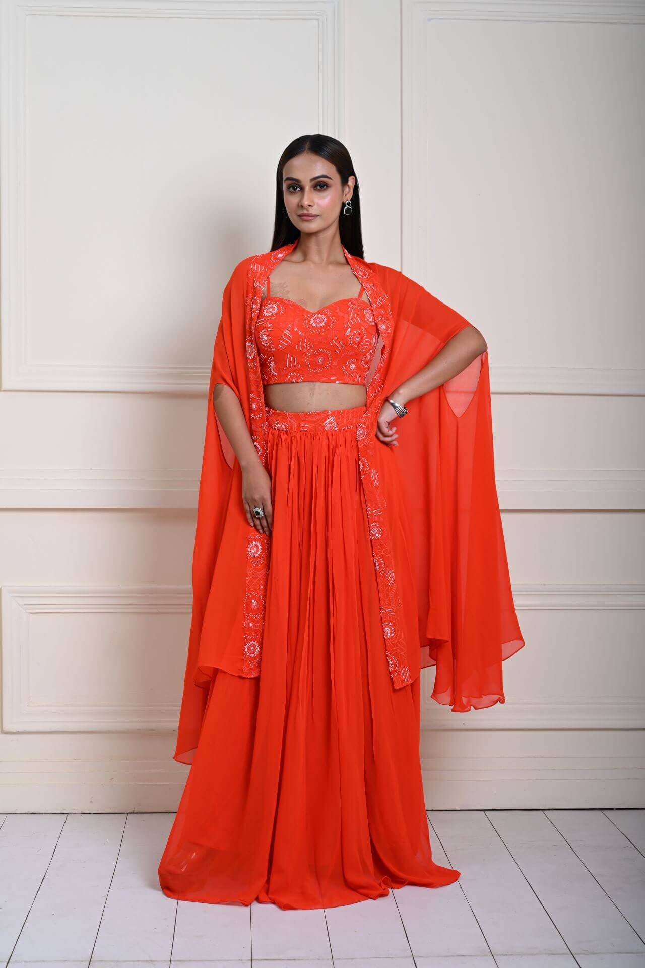 Bright Orange Cape Lehenga Set with Embroidered Cut dana Work - Anvi Couture