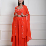 Bright Orange Cape Lehenga Set with Embroidered Cut dana Work - Anvi Couture