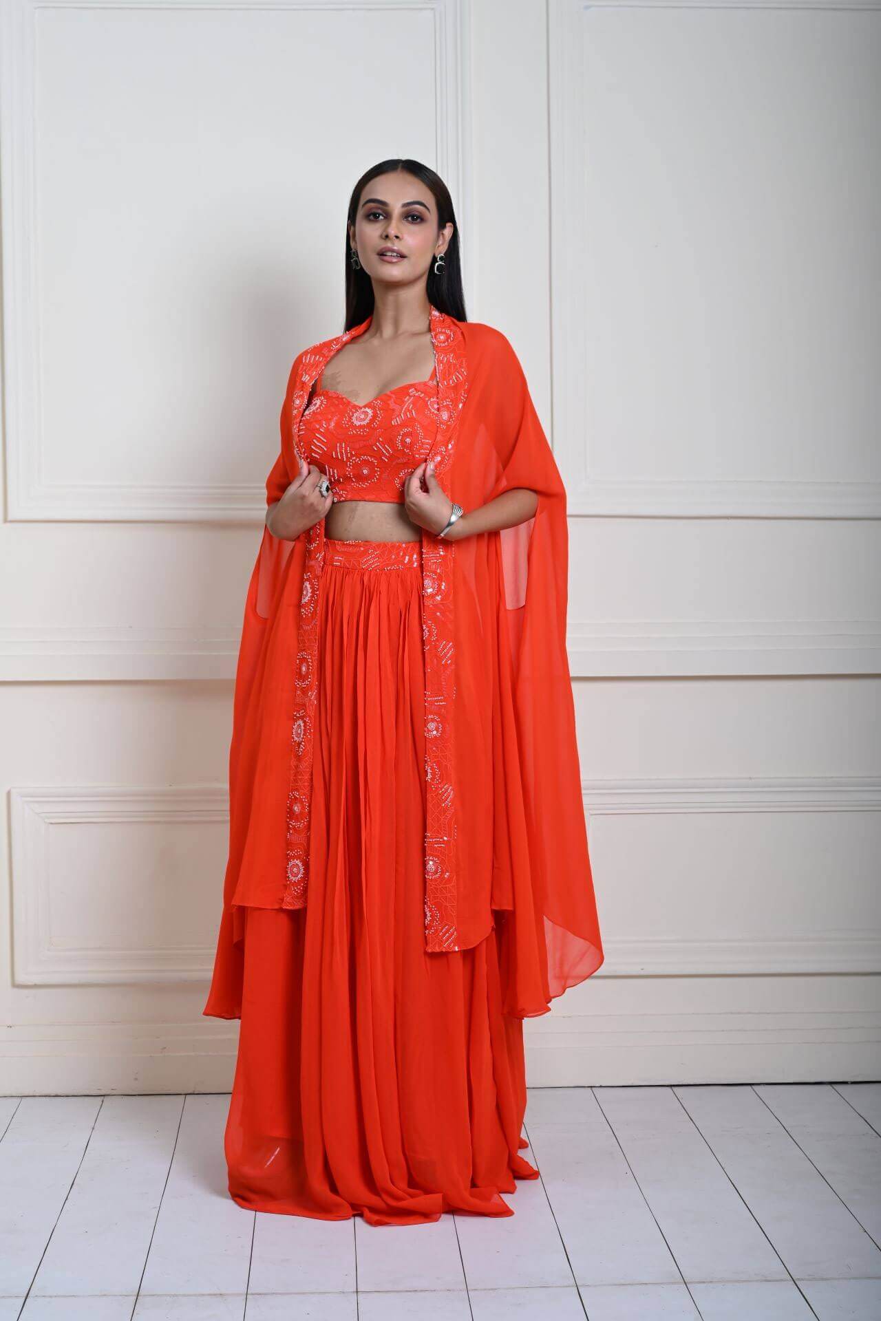 Bright Orange Cape Lehenga Set with Embroidered Cut dana Work - Anvi Couture