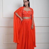 Bright Orange Cape Lehenga Set with Embroidered Cut dana Work - Anvi Couture