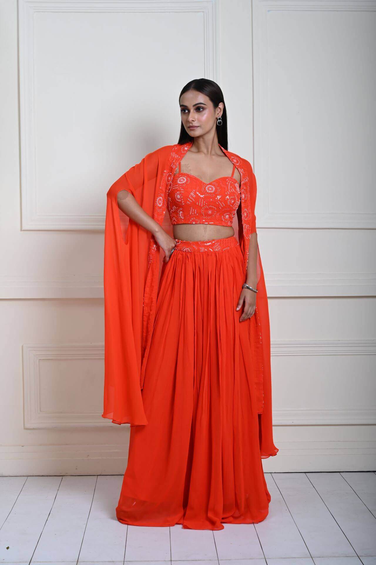 Bright Orange Cape Lehenga Set with Embroidered Cut dana Work - Anvi Couture