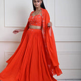 Bright Orange Cape Lehenga Set with Embroidered Cut dana Work - Anvi Couture