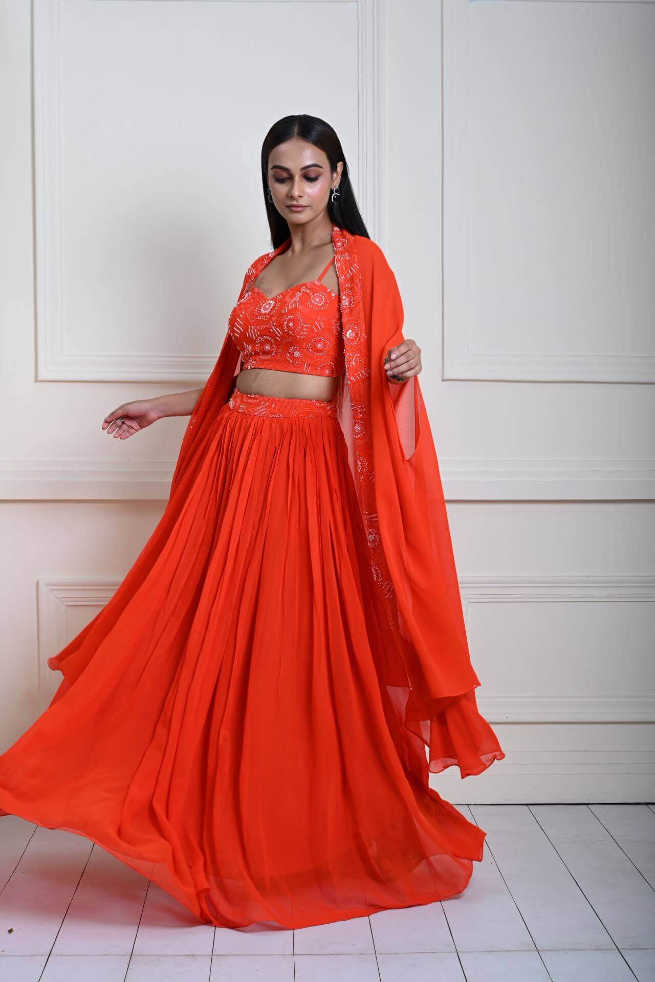Bright Orange Cape Lehenga Set with Embroidered Cut dana Work - Anvi Couture