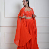 Bright Orange Cape Lehenga Set with Embroidered Cut dana Work - Anvi Couture