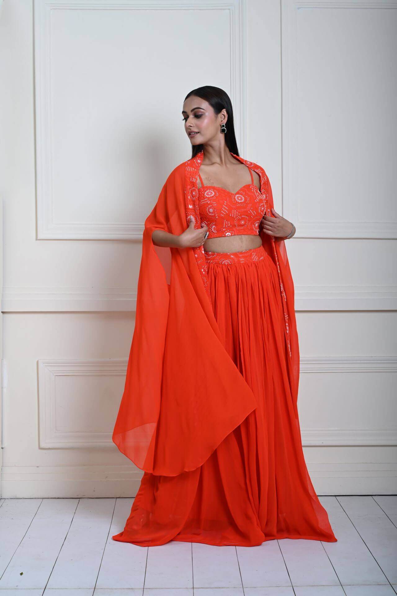Bright Orange Cape Lehenga Set with Embroidered Cut dana Work - Anvi Couture