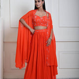 Bright Orange Cape Lehenga Set with Embroidered Cut dana Work - Anvi Couture