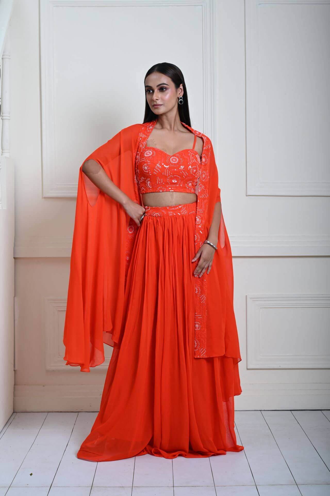 Bright Orange Cape Lehenga Set with Embroidered Cut dana Work - Anvi Couture