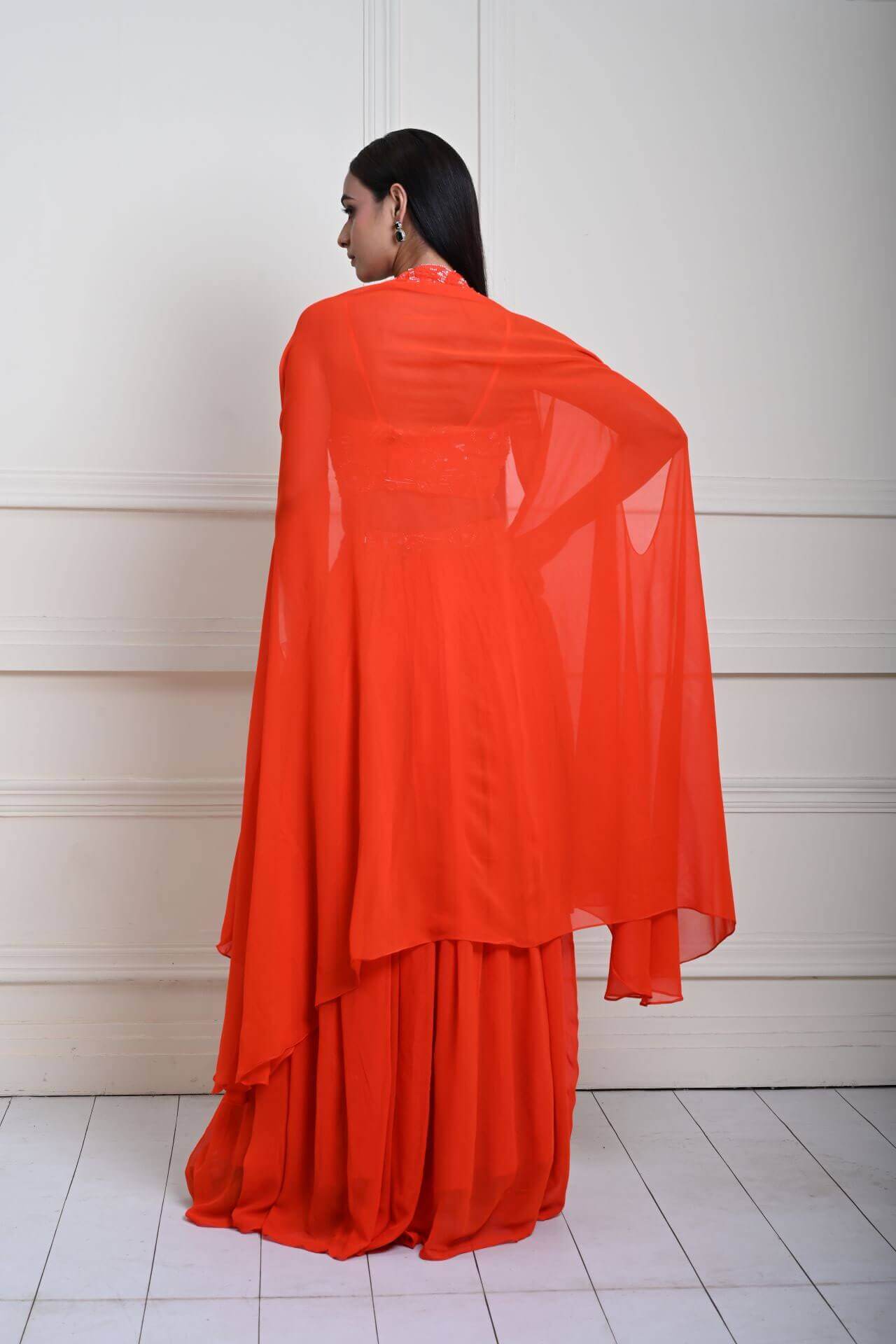 Bright Orange Cape Lehenga Set with Embroidered Cut dana Work - Anvi Couture