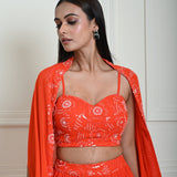 Bright Orange Cape Lehenga Set with Embroidered Cut dana Work - Anvi Couture