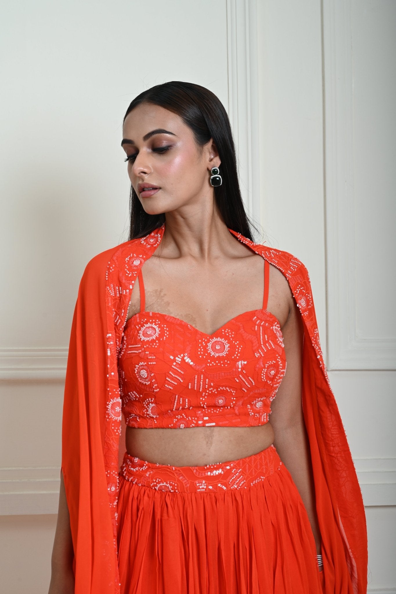 Bright Orange Cape Lehenga Set with Embroidered Cut dana Work - Anvi Couture