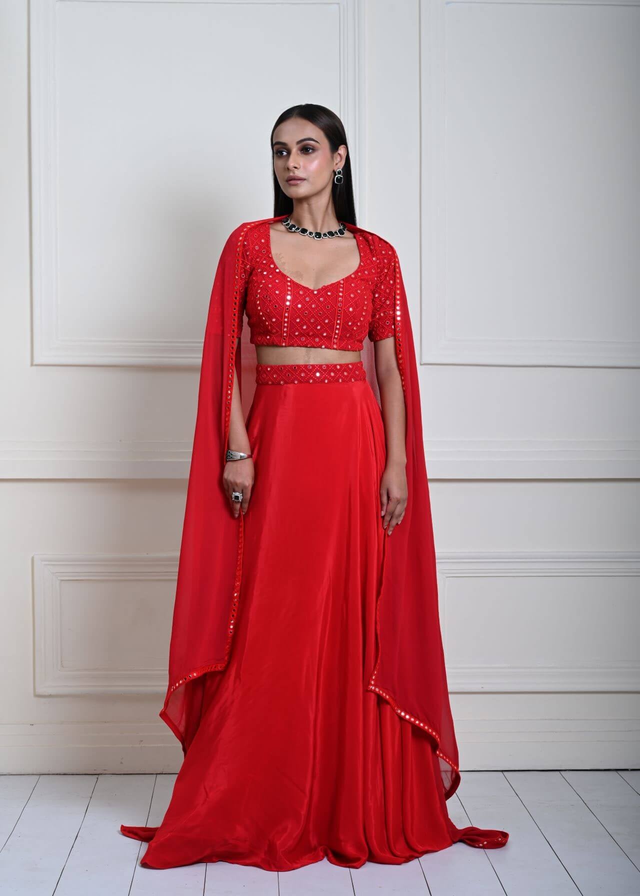 Red Satin Silk Bridal Lehenga Set with Mirror work