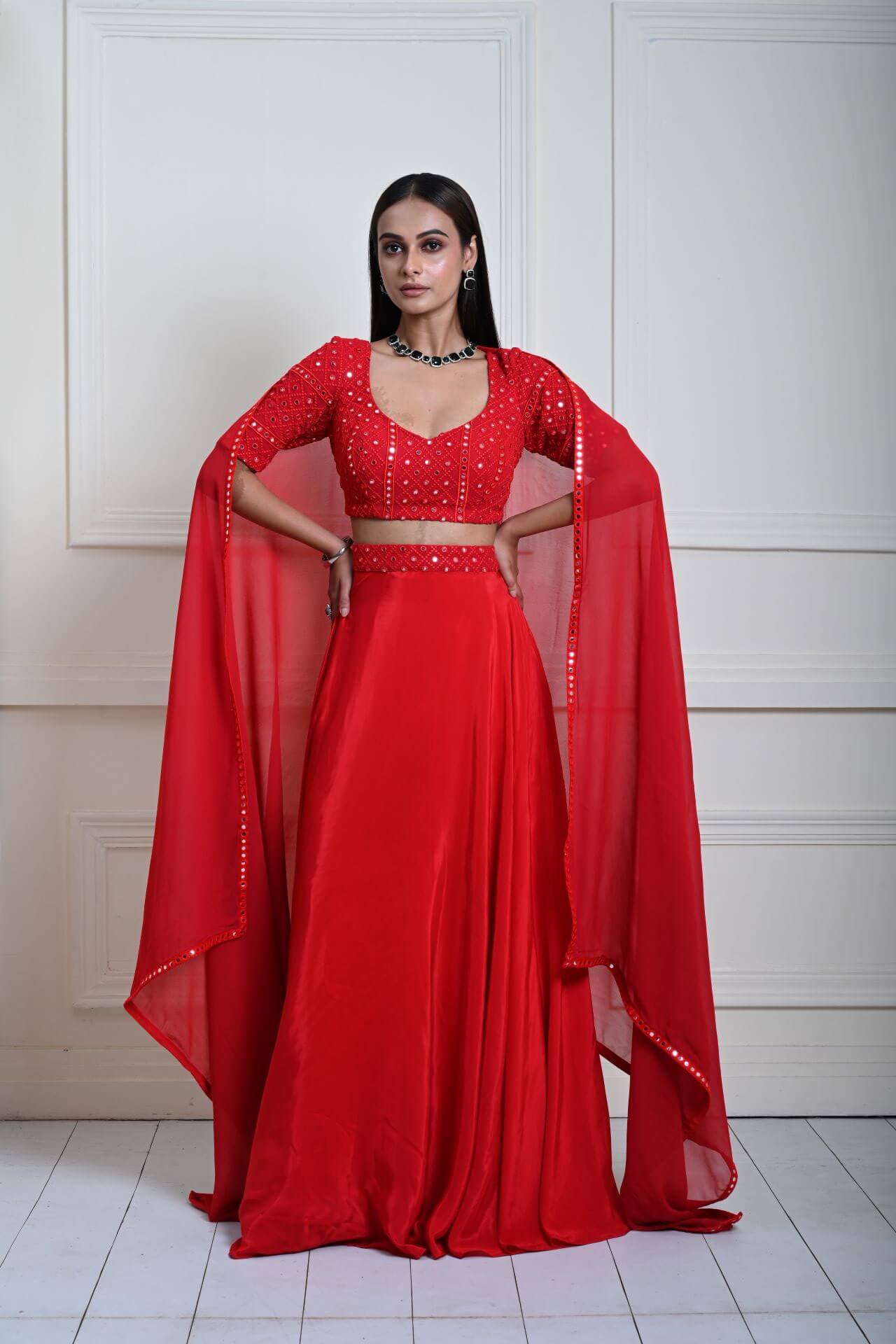 Red Satin Silk Bridal Lehenga Set with Mirror work