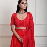Red Satin Silk Bridal Lehenga Set with Mirror work