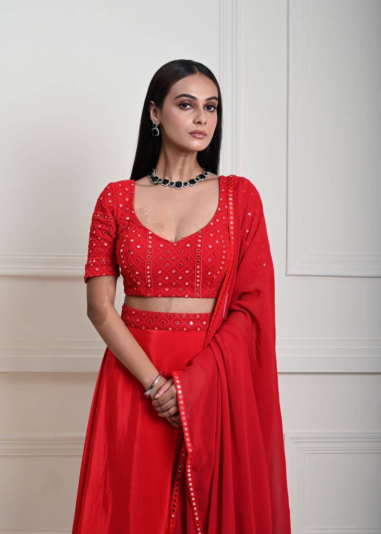 Red Satin Silk Bridal Lehenga Set with Mirror work