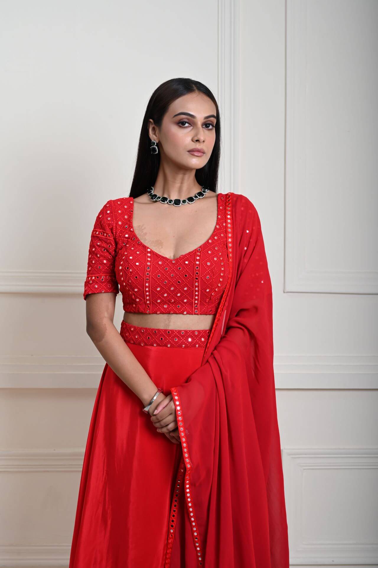 Red Satin Silk Bridal Lehenga Set with Mirror work