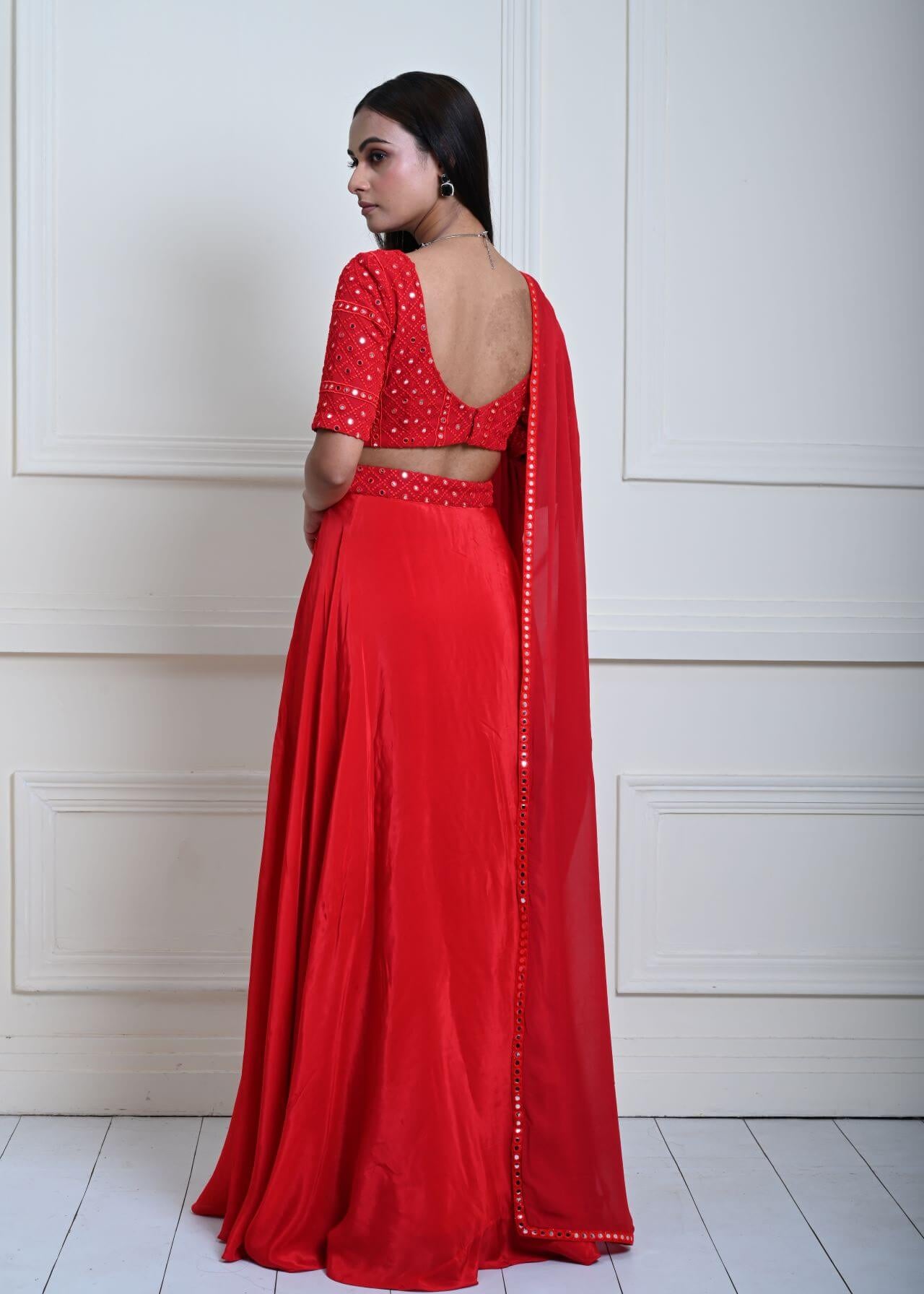 Red Satin Silk Bridal Lehenga Set with Mirror work