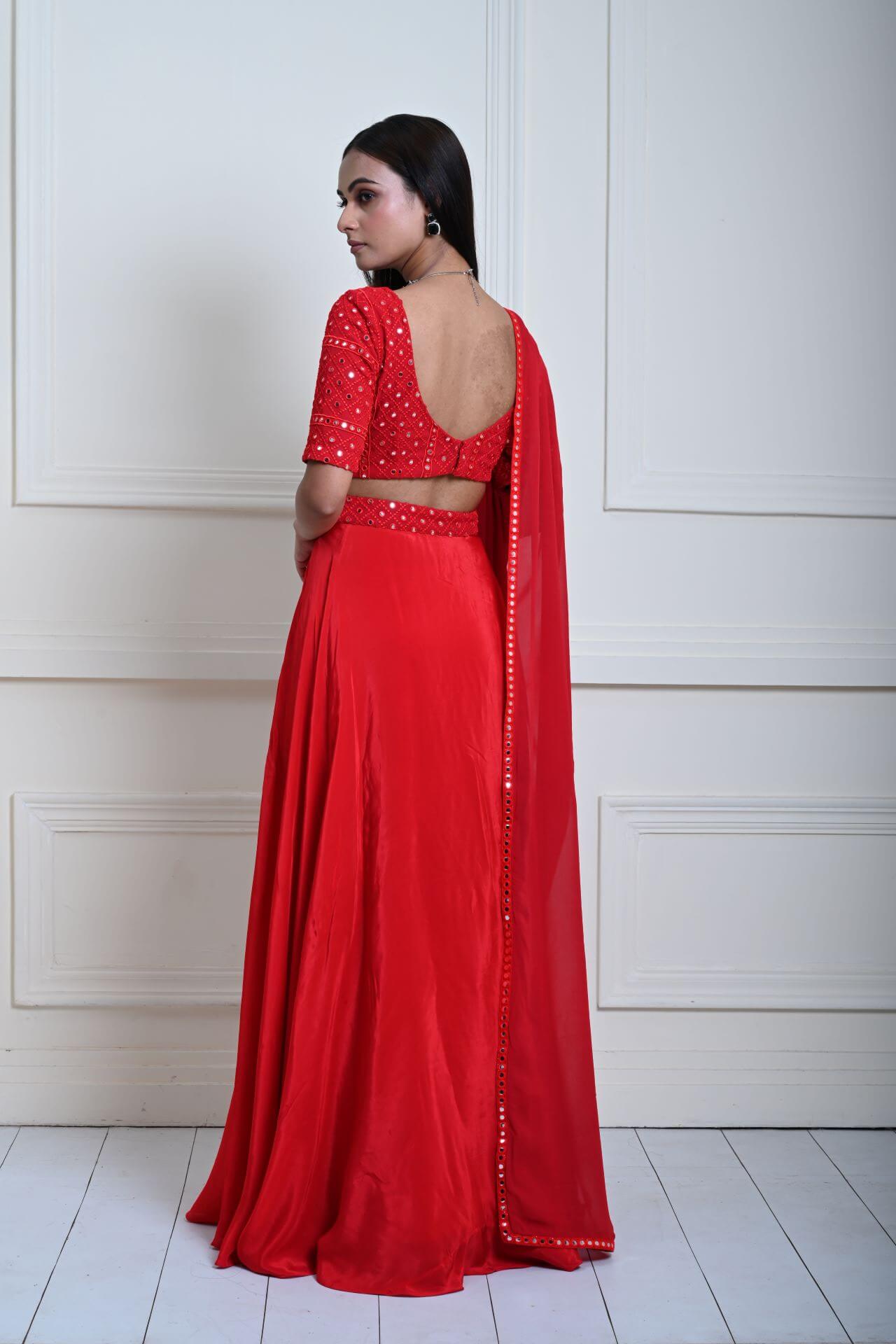 Red Satin Silk Bridal Lehenga Set with Mirror work