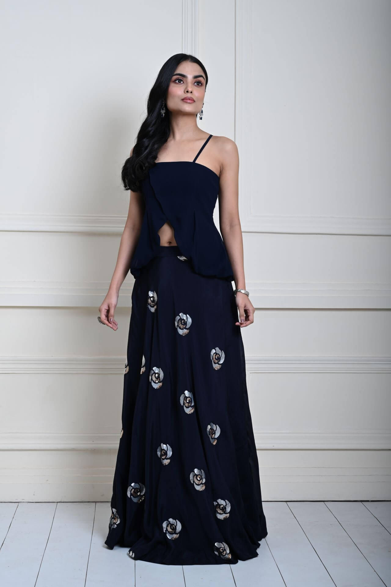 Dark Navy Blue Lehenga Set with Floral Sequin Work