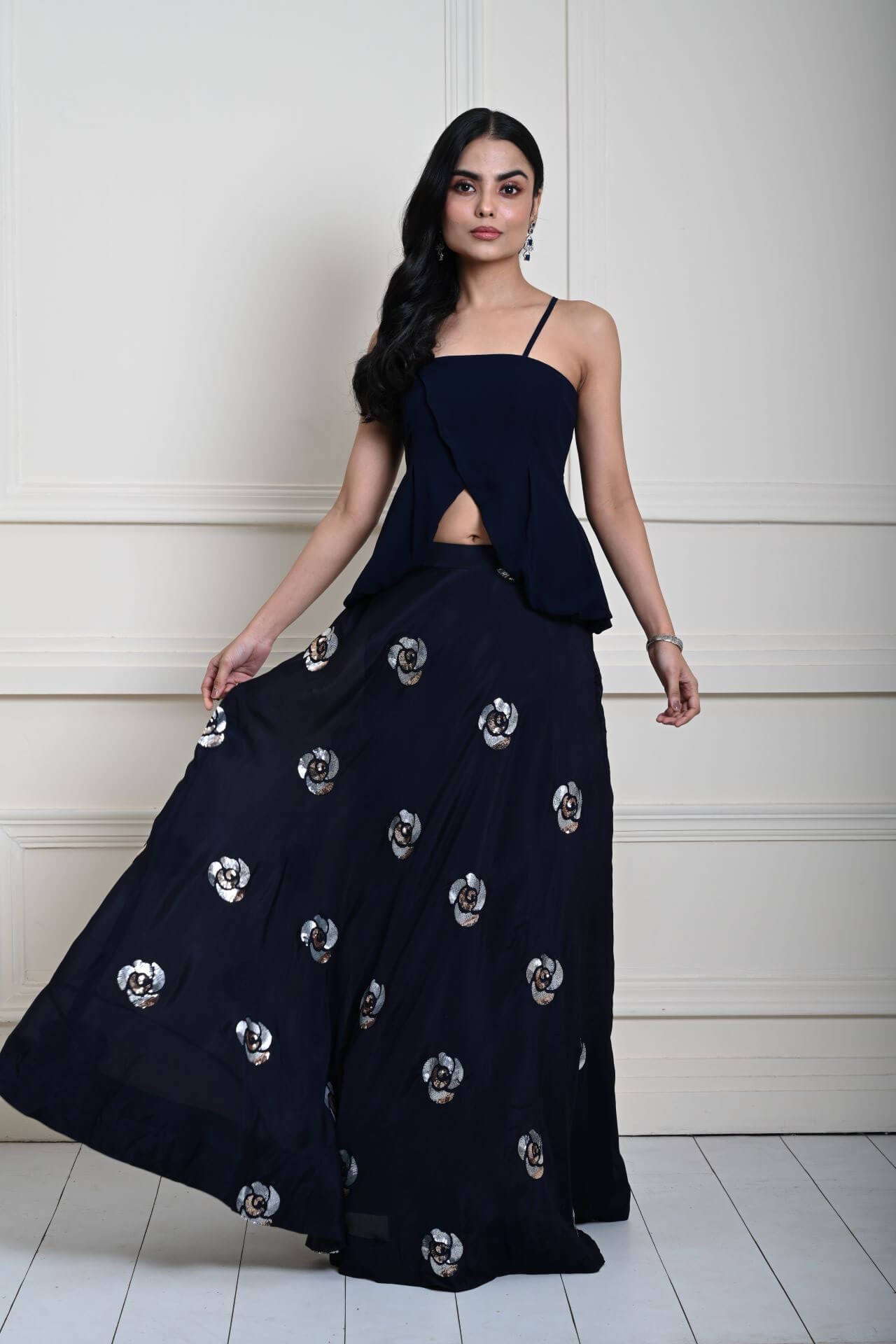 Dark Navy Blue Lehenga Set with Floral Sequin Work