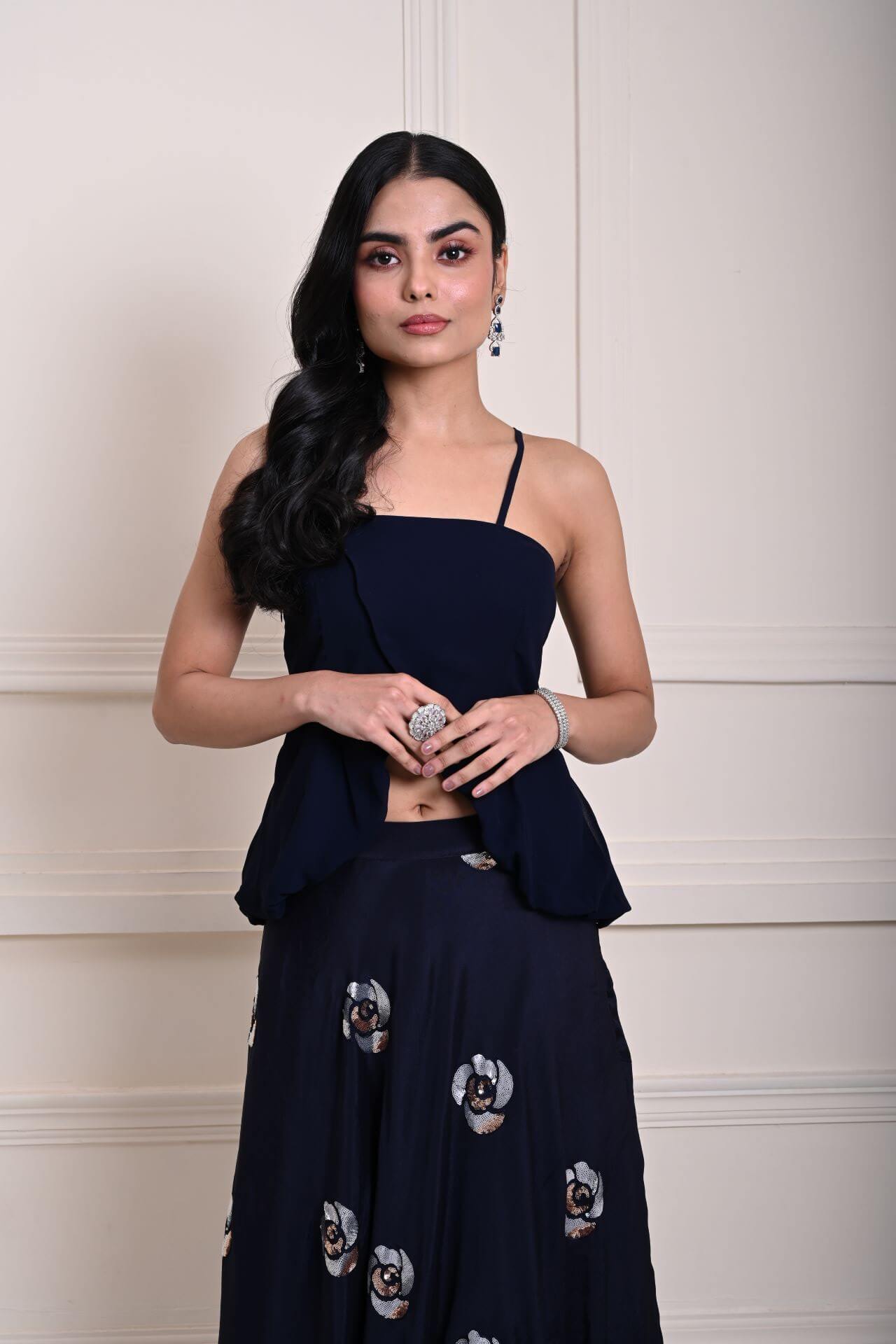 Dark Navy Blue Lehenga Set with Floral Sequin Work