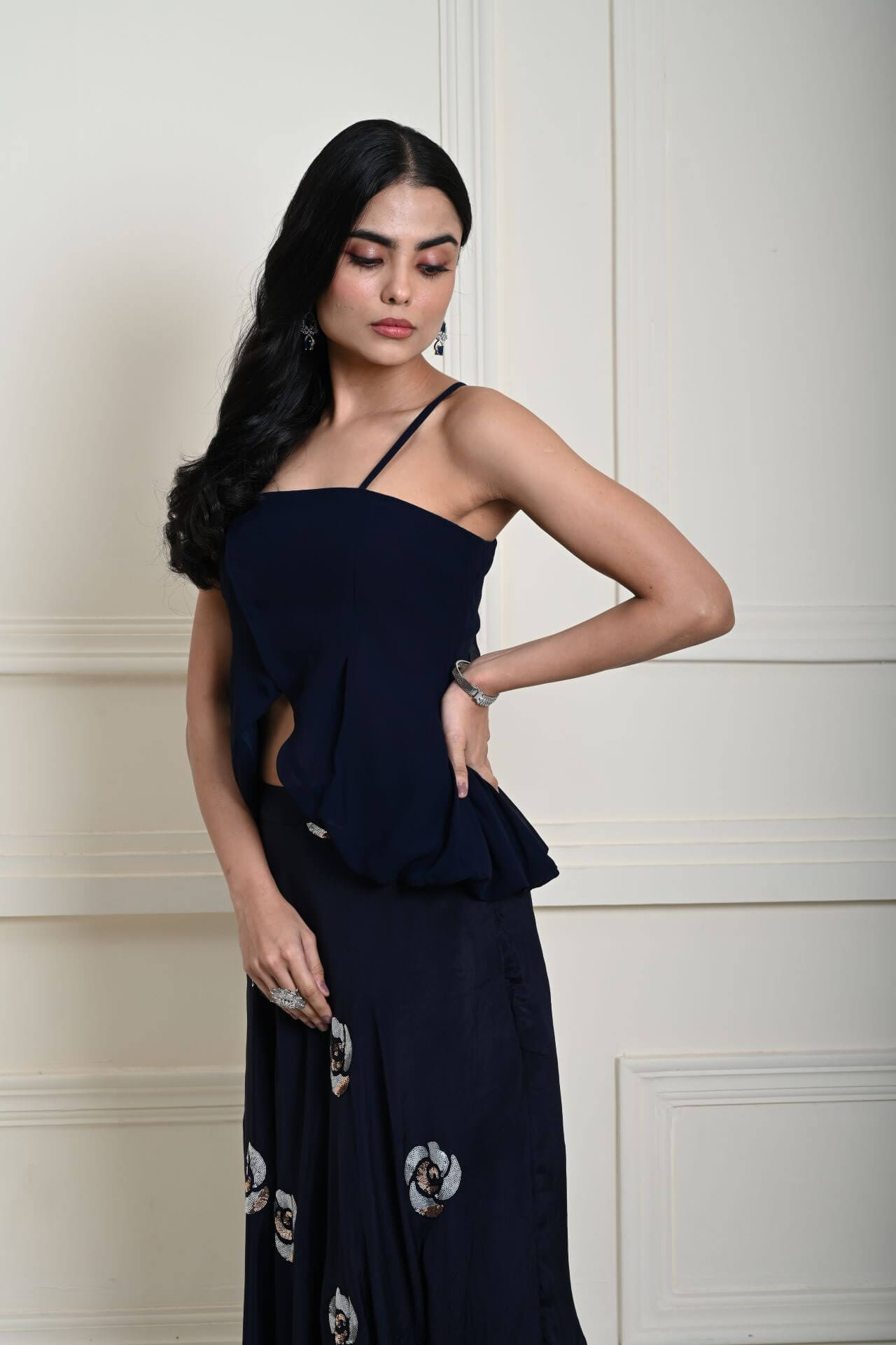 Dark Navy Blue Lehenga Set with Floral Sequin Work