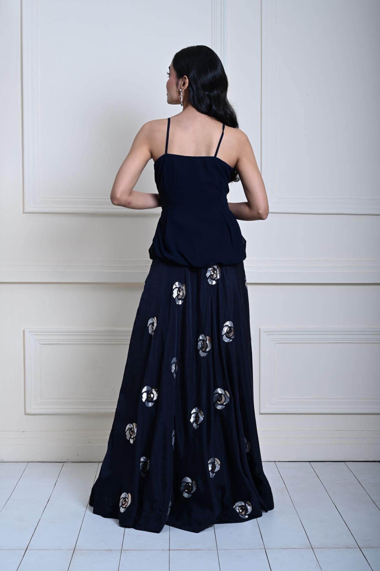 Dark Navy Blue Lehenga Set with Floral Sequin Work