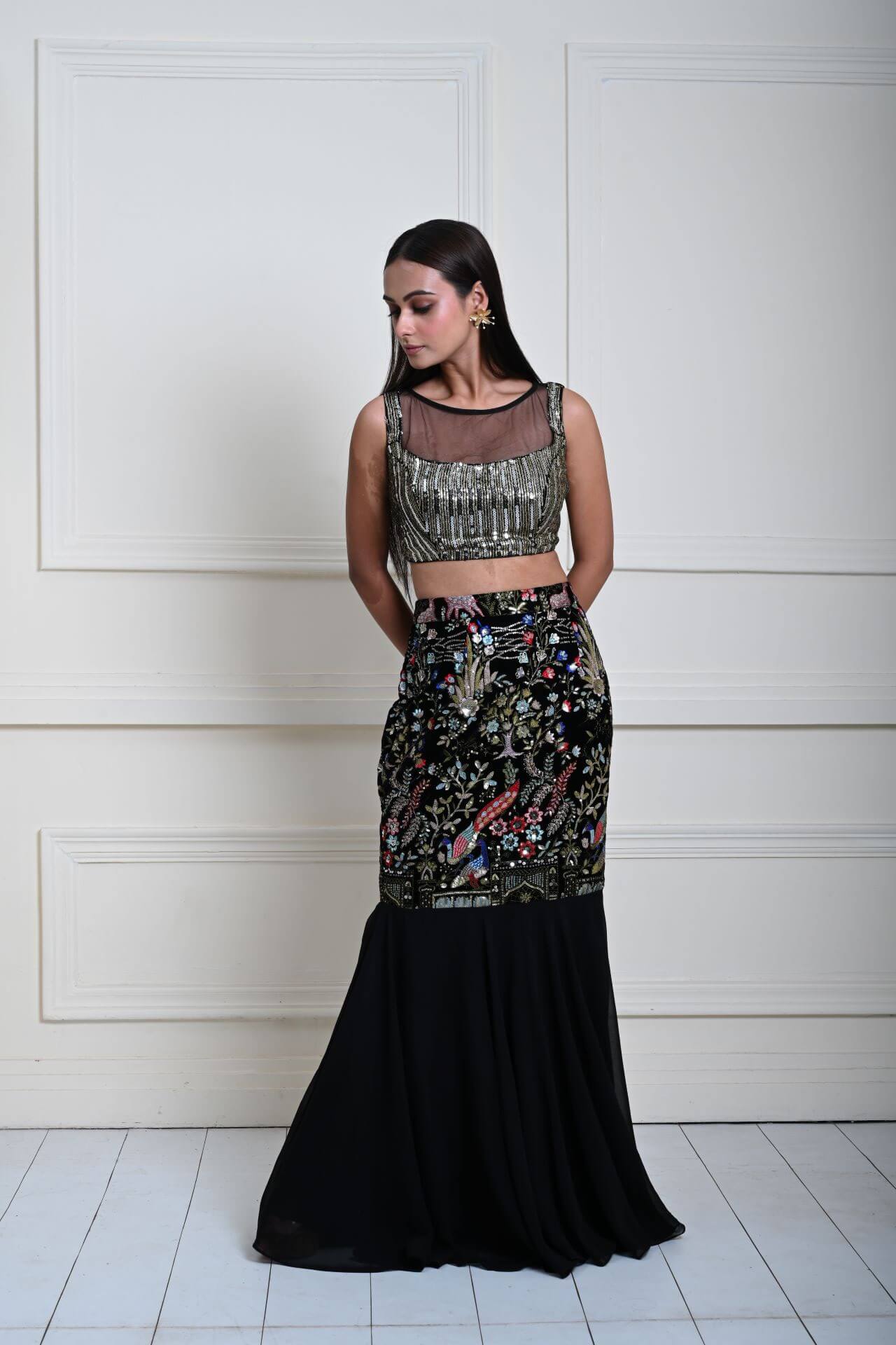 Black Fishtail Lehenga Set with Multicolor Embroidery Work