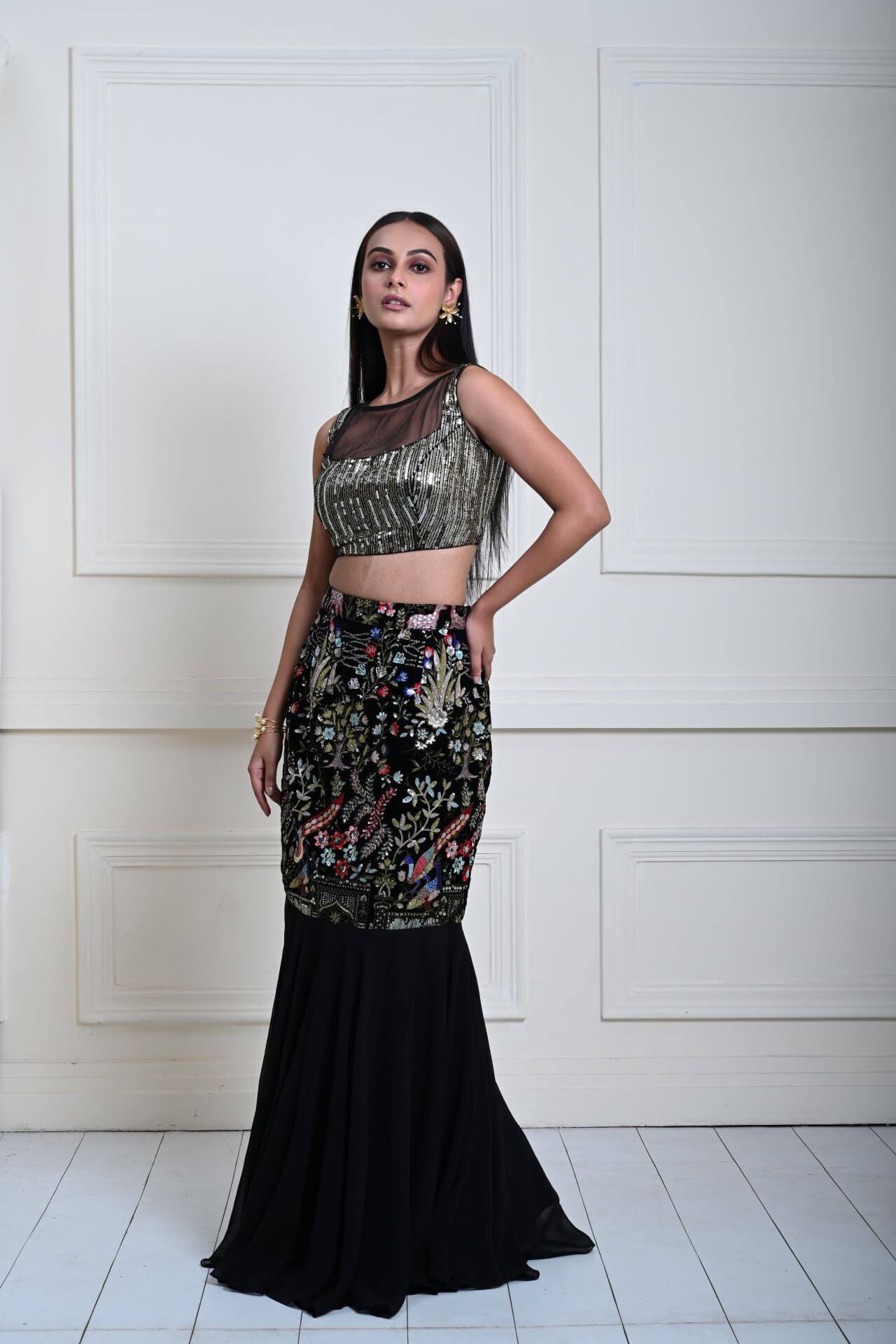 Black Fishtail Lehenga Set with Multicolor Embroidery Work