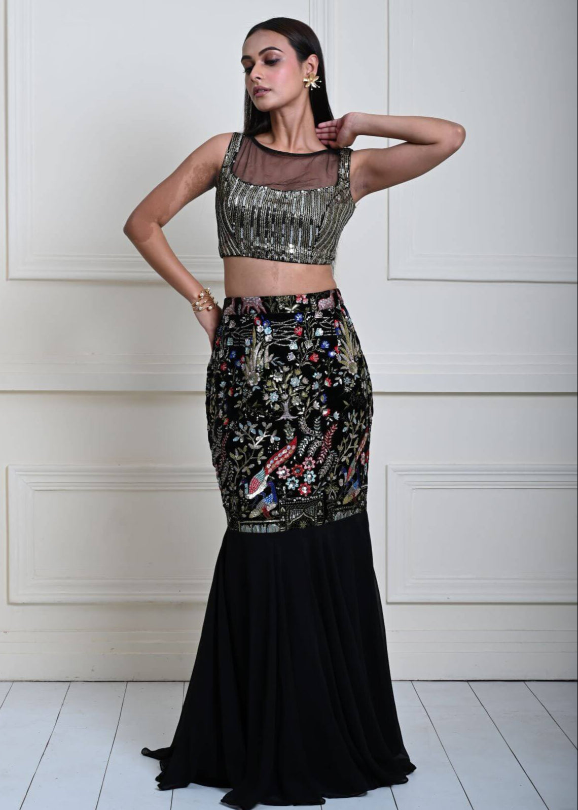 Black Fishtail Lehenga Set with Multicolor Embroidery Work