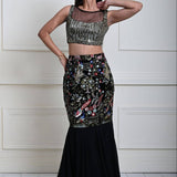 Black Fishtail Lehenga Set with Multicolor Embroidery Work