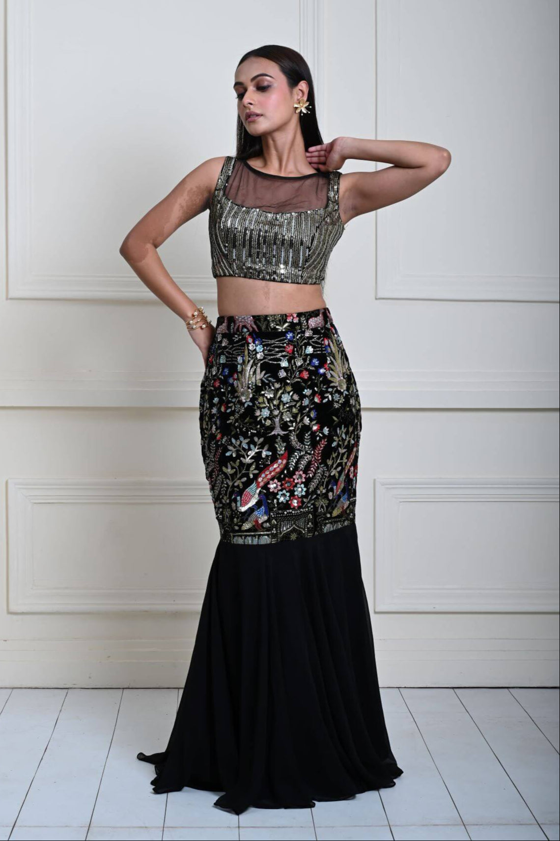 Black Fishtail Lehenga Set with Multicolor Embroidery Work