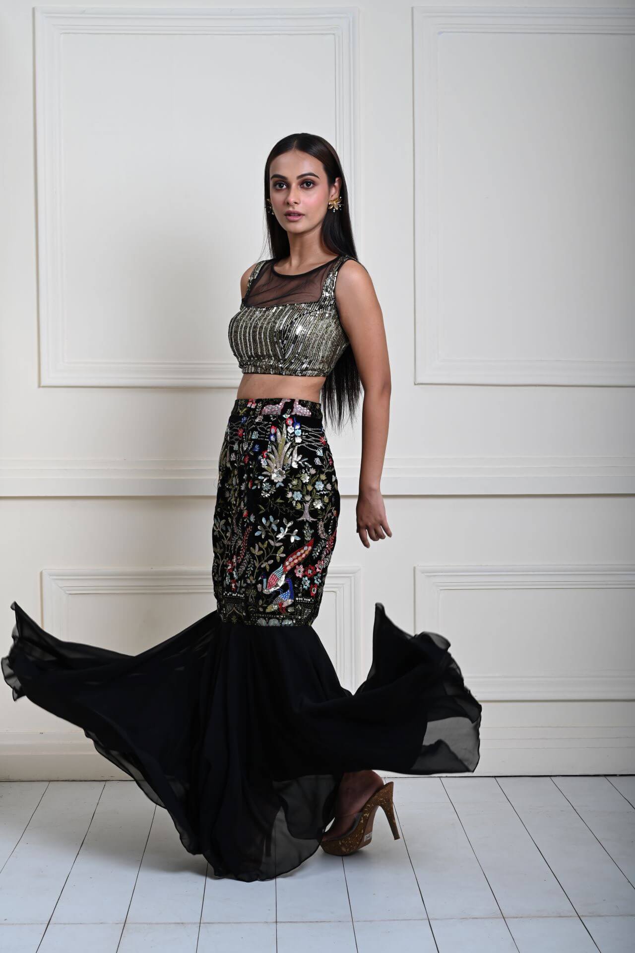 Black Fishtail Lehenga Set with Multicolor Embroidery Work