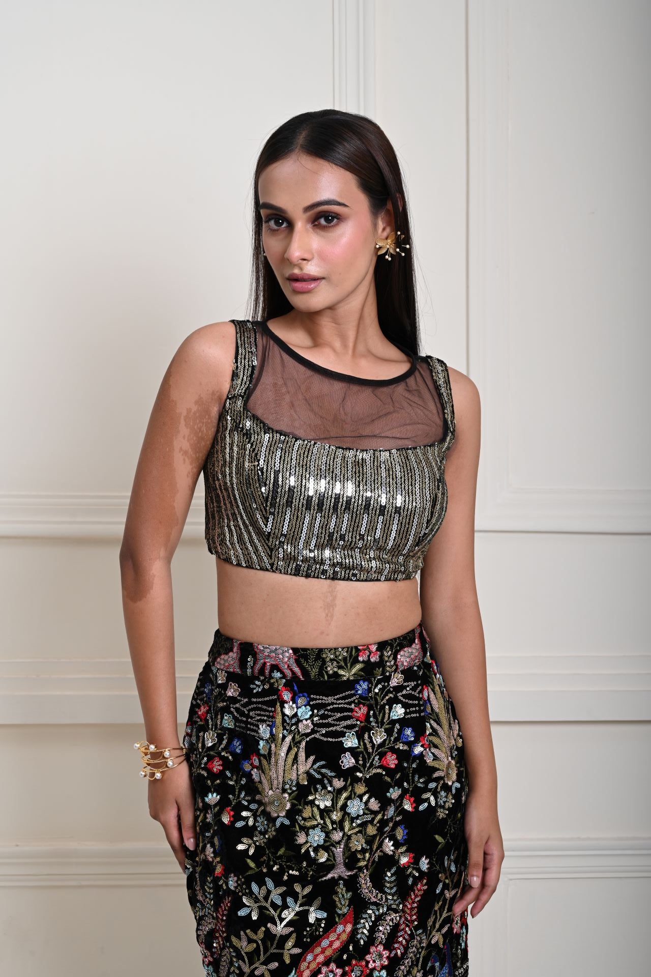 Black Fishtail Lehenga Set with Multicolor Embroidery Work