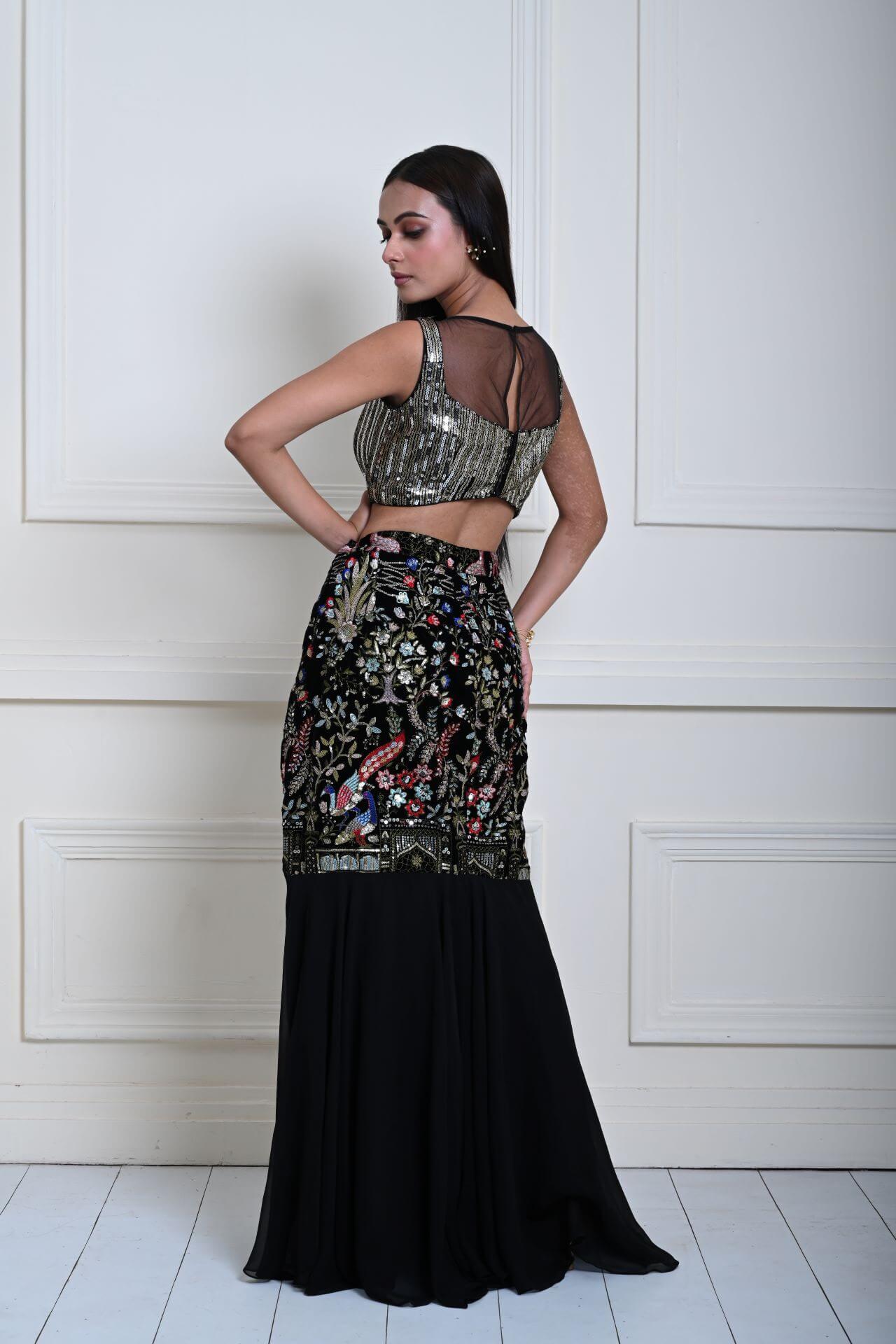 Black Fishtail Lehenga Set with Multicolor Embroidery Work