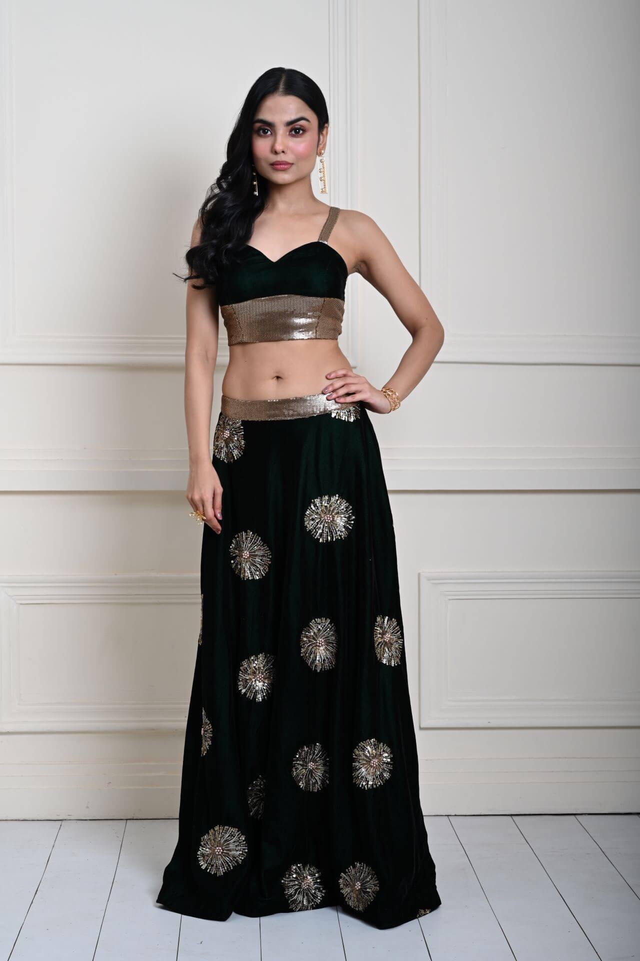 Bottle Green Velvet Lehenga Set With Gold Sequin Work