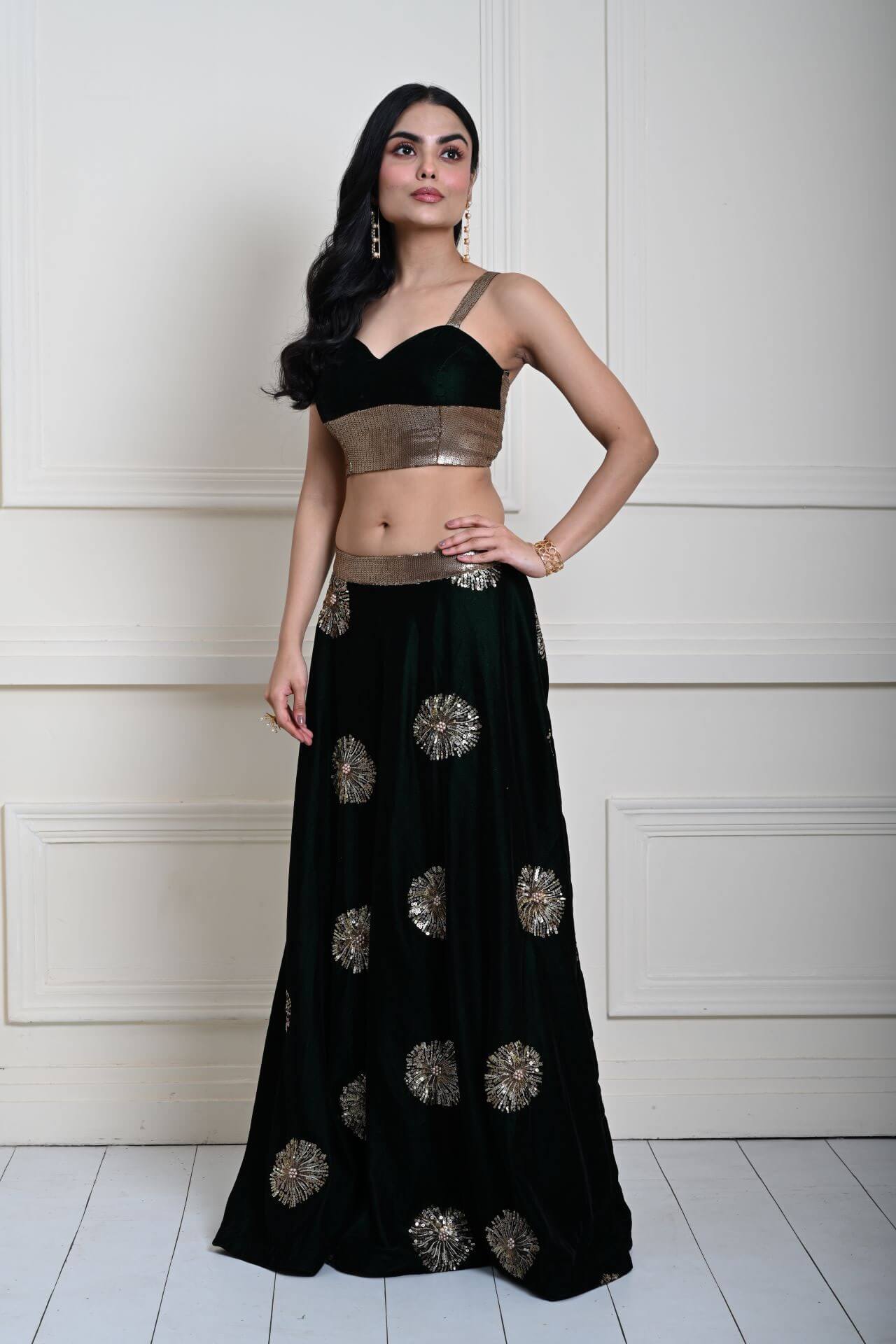 Bottle Green Velvet Lehenga Set With Gold Sequin Work