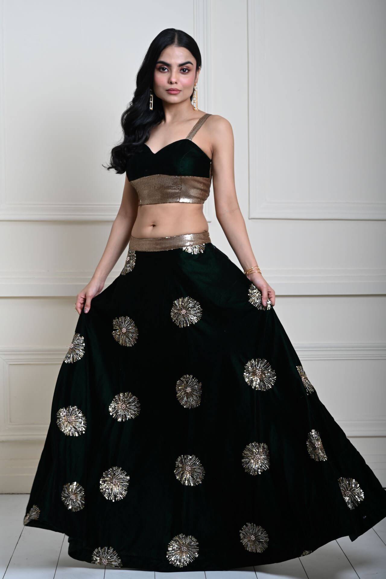 Bottle Green Velvet Lehenga Set With Gold Sequin Work