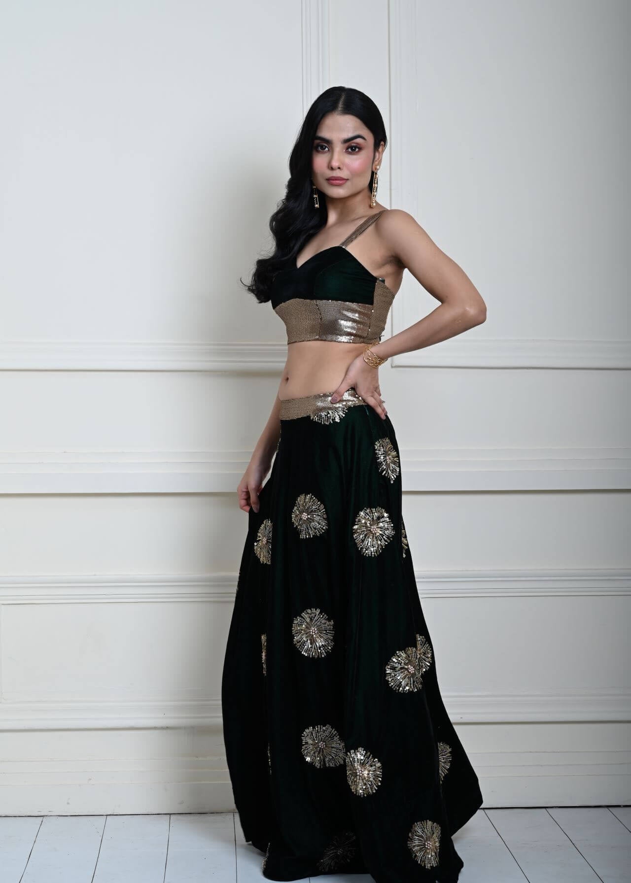 Bottle Green Velvet Lehenga Set With Gold Sequin Work