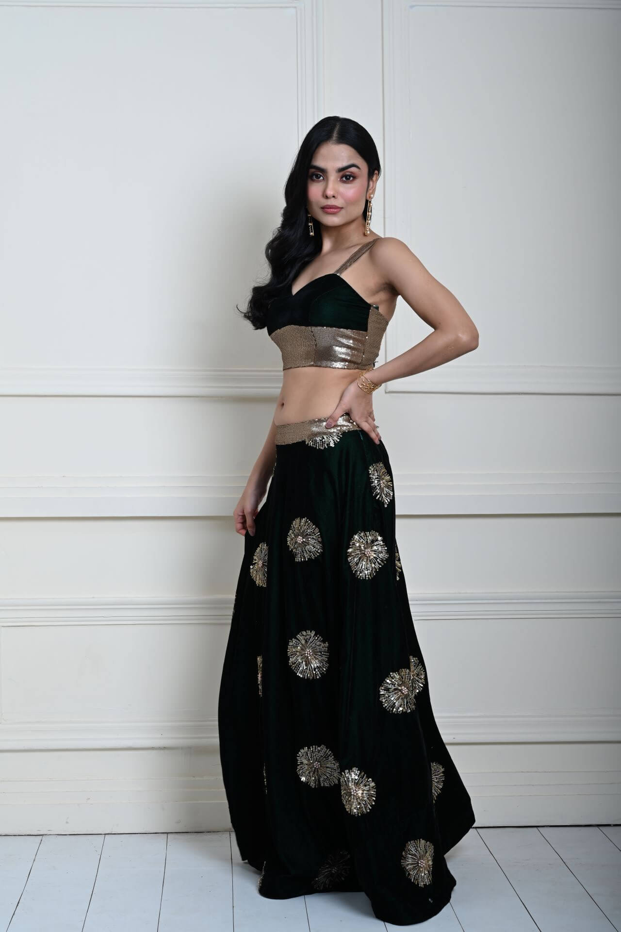 Bottle Green Velvet Lehenga Set With Gold Sequin Work