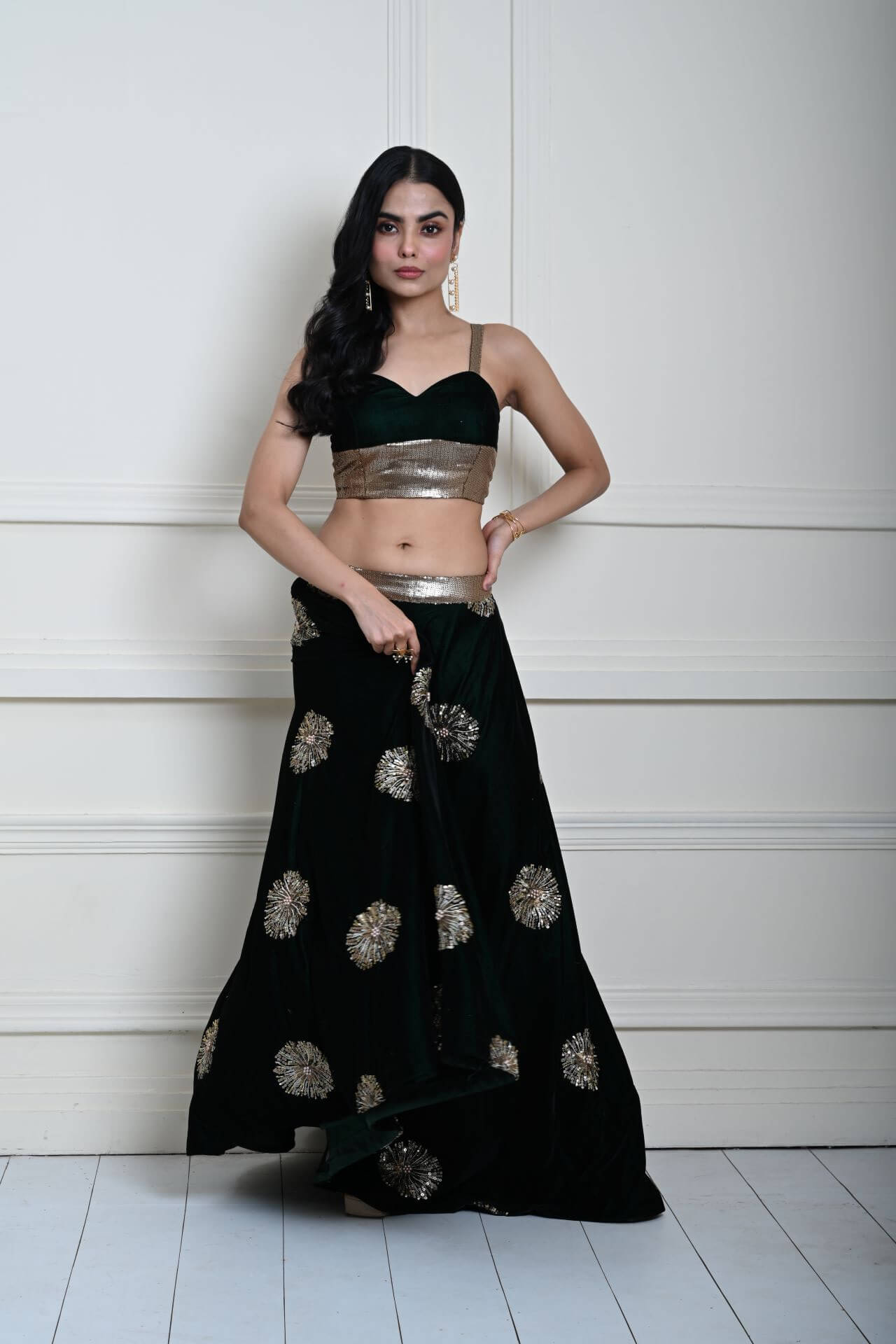 Bottle Green Velvet Lehenga Set With Gold Sequin Work